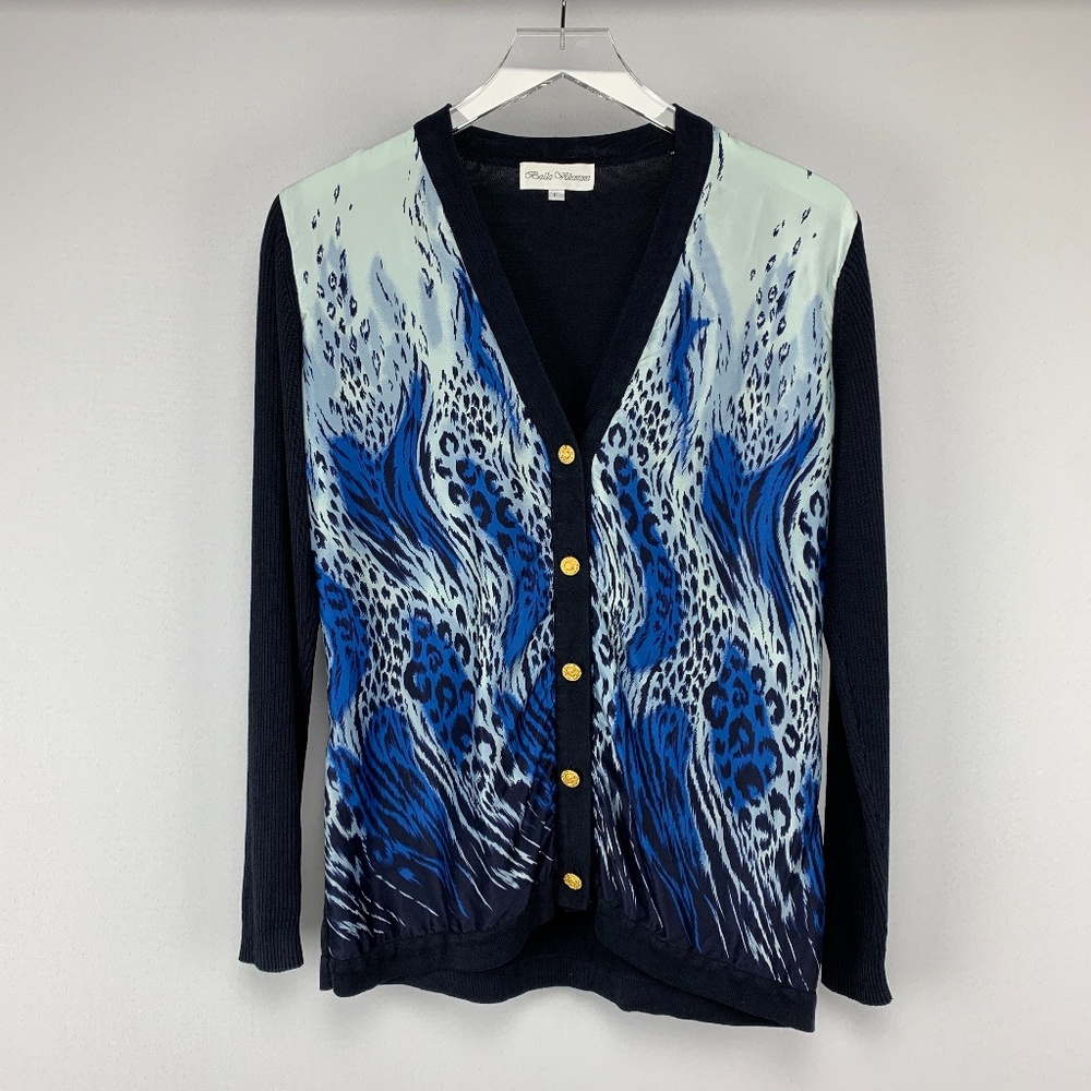 VINTAGE BALLA VALENTINA Black/Blue Animal Print Gold Button Silk Cardiga…